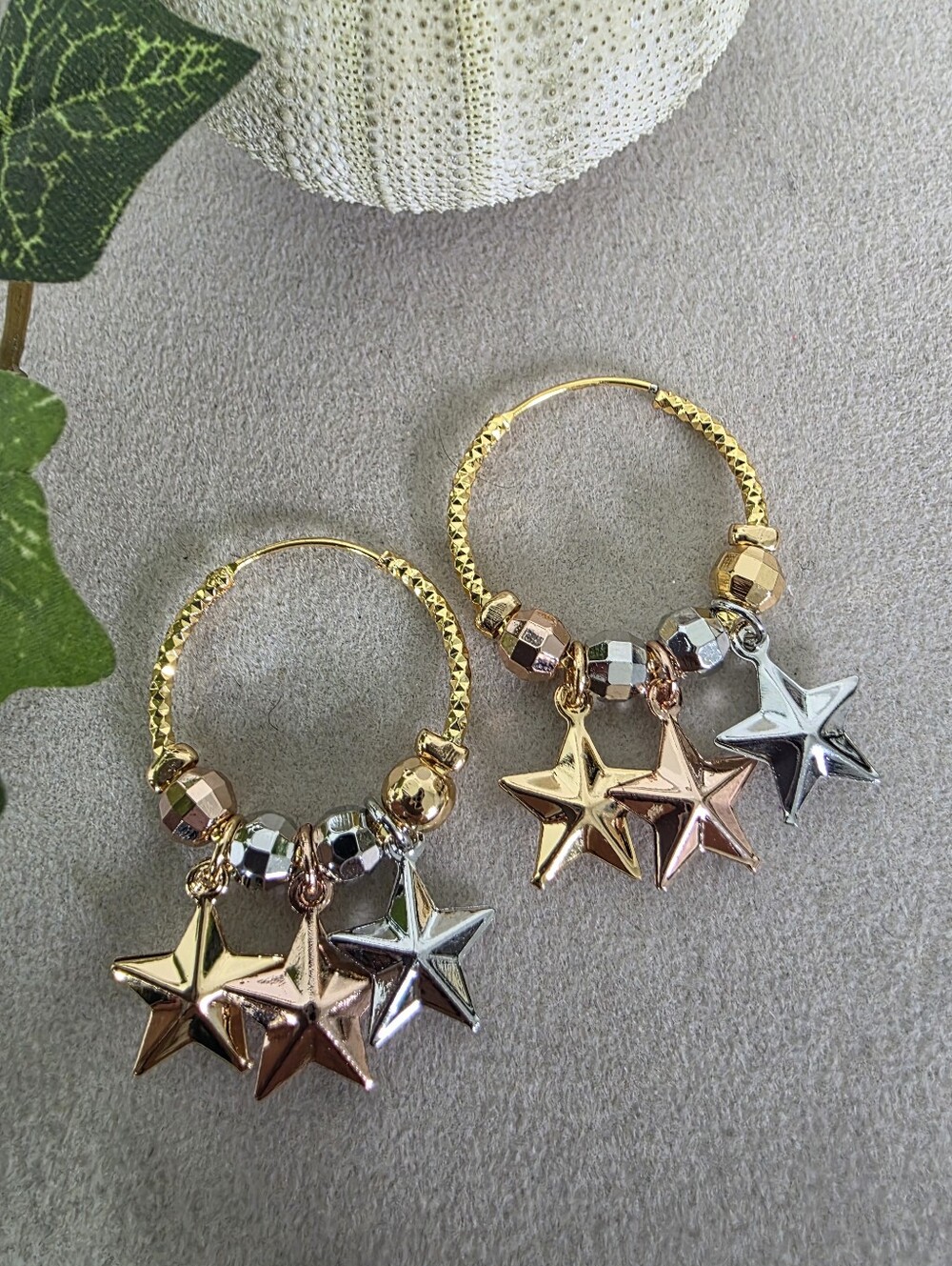​Tri-Color Gold Filled Star Charm Hoop Earrings